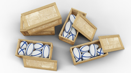 Top view of Wood Transport Box where Three are full of Rugby balls