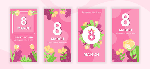Fototapeta na wymiar 8 March social media stories design templates vector set, backgrounds with copyspace - Womens Day - backdrop for vertical banner, poster, greeting card - spring holiday congratulation concept