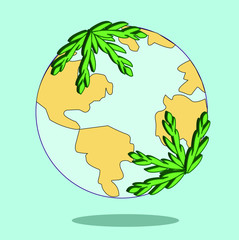 Globe with a map of the mainland. Also there are green leaves around the earth. Colors, that was used are symbolic. Colors of continents are the symbol of depletion of the planet.