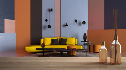 Wooden table top or shelf with aromatic sticks bottles over blurred colorful living room, lounge with yellow sofa, coffee table and decors, poufs, table, architecture interior design