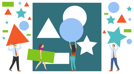 Collaboration, cooperation, partnership, mutual assistance. A group of people, mini characters assemble a puzzle. Vector illustration.