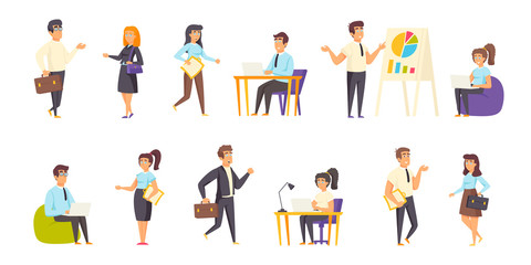 Fototapeta na wymiar Businesspeople, office managers flat vector illustrations set. Project discussion, business meeting, conference scenes bundle. Busy people, businessmen and businesswomen cartoon characters collection