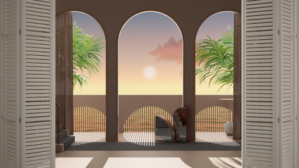White folding door opening on dreamy terrace, over sea sunset or sunrise panorama, tropical palm trees, archways in rosy stucco plaster, staircase with carpet, classic balustrade