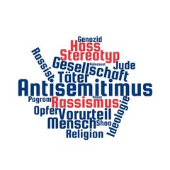 Fototapeta premium Wortwolke: Antisemitismus in blau und rot