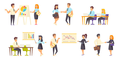 Business meeting flat vector illustrations set. Project discussion, negotiations, conference scenes bundle. Businessmen and businesswomen, office workers, managers cartoon characters collection