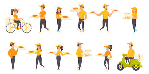 Pizza delivery flat vector illustrations set. Fast food, takeaway transportation scenes bundle. Male and female couriers, people with pizza boxes, pizza deliverymen cartoon characters collection