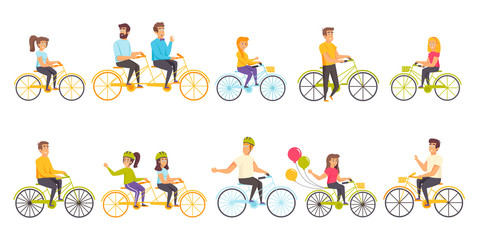 Bicyclists flat vector illustrations set. Sport activity, recreation, active leisure scenes bundle. People riding bikes, cyclists cartoon characters collection isolated on white background