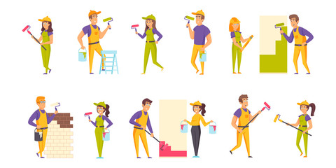 Fototapeta na wymiar House painters flat vector illustrations set. Wall putty and painting scenes bundle. Male and female workers, people in helmets and uniform cartoon characters collection isolated on white background