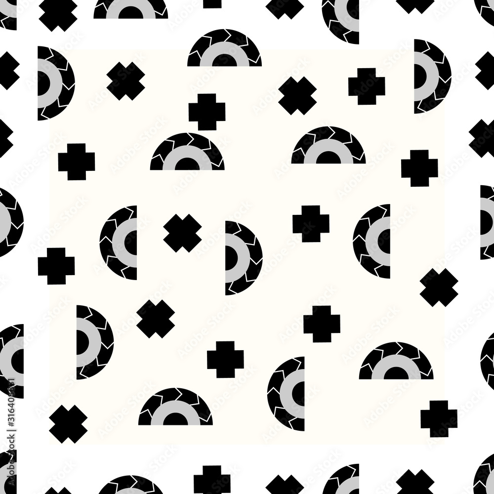 Aufkleber seamless black and white half circle and cross shape pattern. geometric elements repeat background