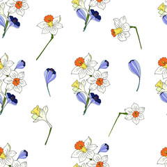 Daffodils, crocuses. Seamless pattern. Vector illustration.