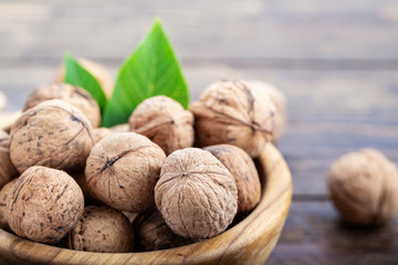 walnuts harvest on wooden background