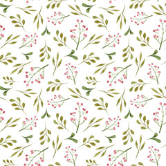 Seamless floral background with green leaves, red flowers, berries. Minimalistic pattern. Vintage ornament for wallpaper, fabric, digital paper, scrapbooking.