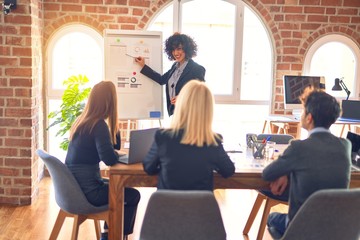 Group of business workers working together in a meeting. One of them making presentation to colleagues at the office