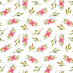 Fototapeta na wymiar Seamless floral background with green leaves, red flowers, berries. Minimalistic pattern. Vintage ornament for wallpaper, fabric, digital paper, scrapbooking.