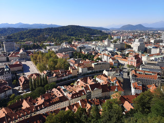 Birds eye view of the city of Ljubljana from the top of the castle