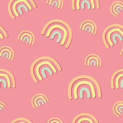 Modern rainbows seamless pattern. Pastel contemporary rainbow shape on pink background. Simple Hand drawn illustration. Stylish wrapping paper. Girly nursery design