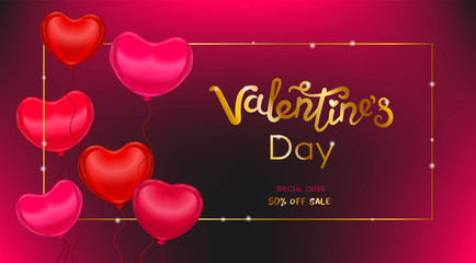 Vector Valentine card with realistic 3D baloon hearts and handwritten calligraphy title - Valenines day. Concept for horizontal poster, banner or invitation for All Lovers Day with lettering.
