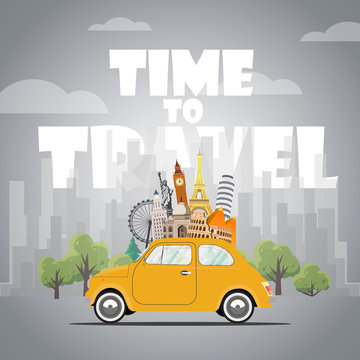 Travel by car. Road trip. Time to travel, tourism, summer holiday. Different types of journey. Flat design vector illustration