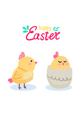 Greeting card poster Happy Easter. Illustration of cute funny chickens. Letering Happy Easter.