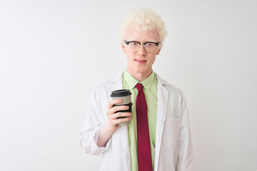 Albino scientist man wearing glasses drinking take away coffee over isolated white background with a confident expression on smart face thinking serious
