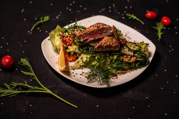 salad with meat, vegetable mix, salad with seafood, seaweed, Chuka with nut sauce, fish, shrimp, avocado, several types of salad, cold appetizers