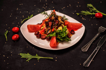 salad with meat, vegetable mix, salad with seafood, seaweed, Chuka with nut sauce, fish, shrimp, avocado, several types of salad, cold appetizers