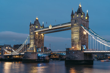 London England, Night view of Tower Bridge and the river Thames.