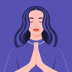 A young woman prays to god. Portrait of a girl with closed eyes in the temple. Vector flat illustration