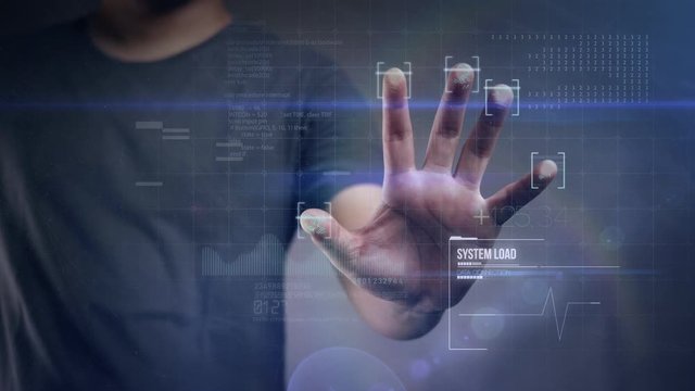 Man Scanning Fingerprint to Access Data. Future Digital World Concept