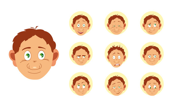 Set of male facial emotions. haracter with different expressions. Vector illustration in cartoon style