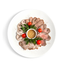 Meat slicing on a white plate on a white background top view, flat lay, isolated