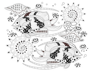 Fantasy drawing of ornament with fairy tale fishes, shells and underwater marine life. Black and white print, t-shirt, embroidery, Henna, Mehndi, tattoo, decoration. Coloring book. Hand-drawn vector.