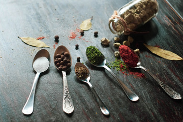 spices in spoons on a table