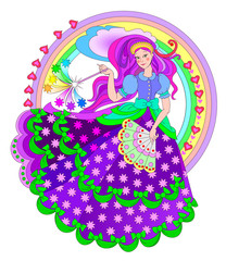 Illustration of beautiful fairyland princess with magic wand and fan. Book cover for children fairy tale. Print for carnival festival or beauty and fashion party. Vector cartoon image. © nataljacernecka