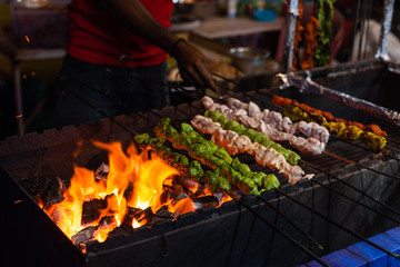 Street food/Traditional Grilled tandoori of  assorted meats with charcoal and fire on skewers