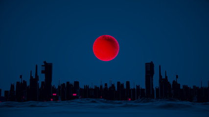 Futuristische Skyline bei Nacht mit rotem Mond | 3D Render Illustration