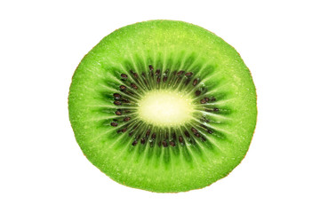 Fototapeta na wymiar Perfect round slice of fresh kiwi fruit isolated on white background without shadows (high details)