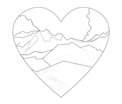 recommend clip art: Mountains landscape outline illustration isolated on heart