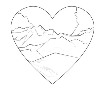 recommend clip art: Mountains landscape outline illustration isolated on heart