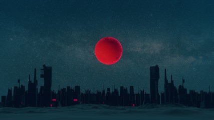 Futuristische Skyline bei Nacht mit rotem Mond | 3D Render Illustration