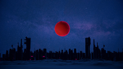 Futuristische Skyline bei Nacht mit rotem Mond | 3D Render Illustration