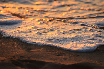 Wave with foam in a beach at the sunset
