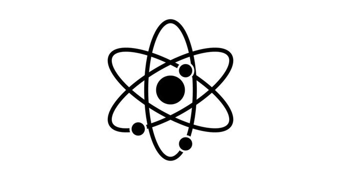 atom and electrons, 2d, animation, cartoon, illustration, clip art, vector. Web banner in black and white. Alpha channel.