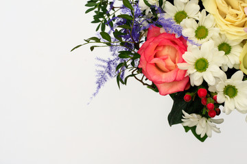 Flowers on a white background. Top view with space for copy.