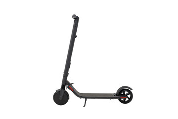 Dark grey electric kick scooter isolated on white background. Ecological alternative transport concept.