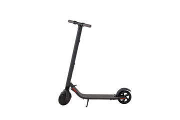 Dark grey electric kick scooter isolated on white background. Ecological alternative transport...