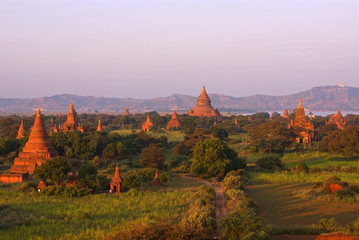 Beautiful colorful view of Bagan valley with temples during sunrise, Burma Myanmar