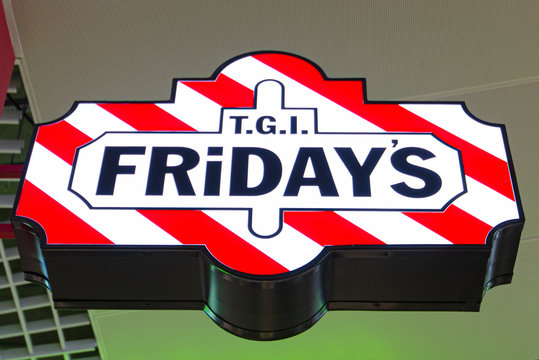 BERLIN - DEC 27: TGI Fridays Logo or TGI Fridays Exterior in Berlin on December 27. 2019 in Germany. 