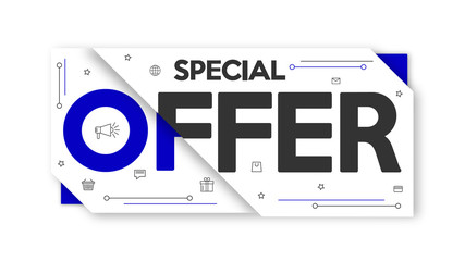 Blue, black and white Special Offer banner. layout, price tag, badge, poster