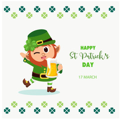 Happy st. patrick's day greeting card. vector illustration. Cute Leprechaun with beer.
